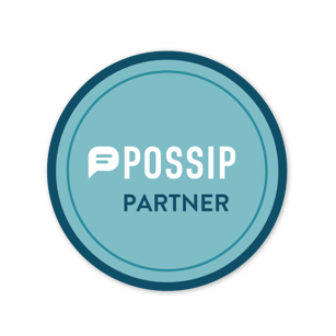 Transparent png: The text, "Possip Partner" inside of a light blue circle with a dark blue circle outline. 