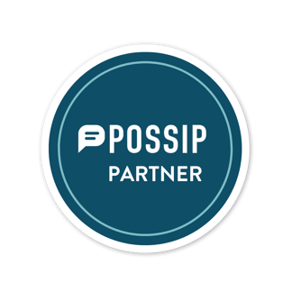 Transparent png: The text, "Possip Partner" inside of a dark blue circle with a light blue and white circle outline. 