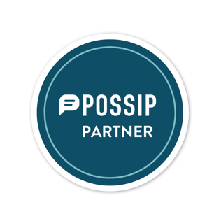 White Background png: The text, "Possip Partner" inside of a dark blue circle with a light blue and white circle outline. 