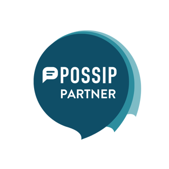 Transparent png: The text, "Possip Partner" inside of three teardrop shapes in different shades of blue. 