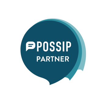 Transparent png: The text, "Possip Partner" inside of three teardrop shapes in different shades of blue. 
