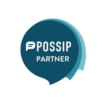White Background png: The text, "Possip Partner" inside of three teardrop shapes in different shades of blue. 