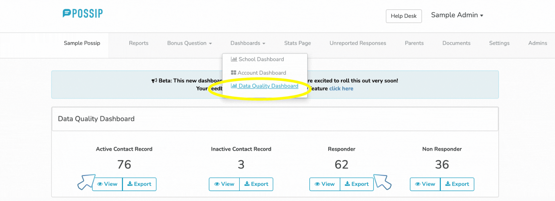 The data quality dashboard with the dashboard drop down circle and arrows pointed to "Active Contact Record" and "Responder."