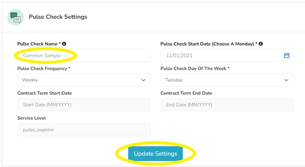 Pulse check settings image with pulse check name and update settings circled in yellow