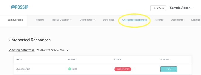 Possip "Unreported Responses" tab, which displays the week, method (web or sms), status, and an view button to pull up the unreported comment.