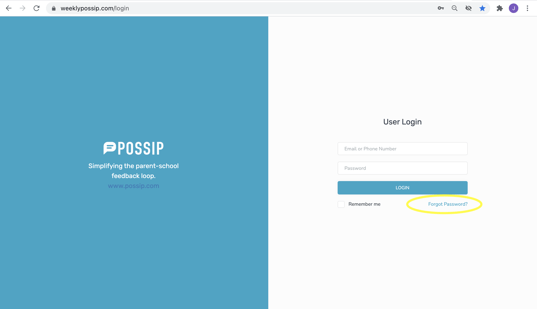 The Possip login page with a circle around "Forgot Password" button.