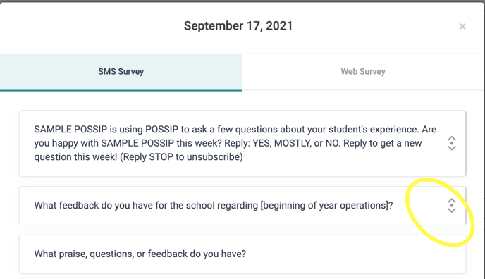 An up arrow that will adjust the Pulse Check question order next to a sample Bonus Question.