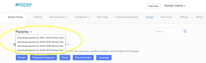 The Parents tab in Weekly Possip, which includes the option to download parents for a particular school year.