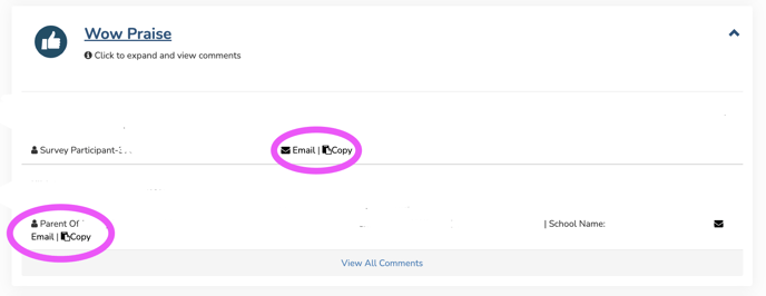A parent comment with the email and copy buttons circled next to them.
