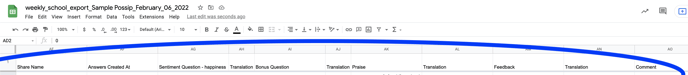 The third part of the export includes Pulse Check responses with column headers such as "share name | answer created at | sentiment question | translation | bonus question | translation | praise | translation | feedback | translation | comment
