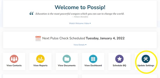 Welcome to Possip page with update settings circled in yellow