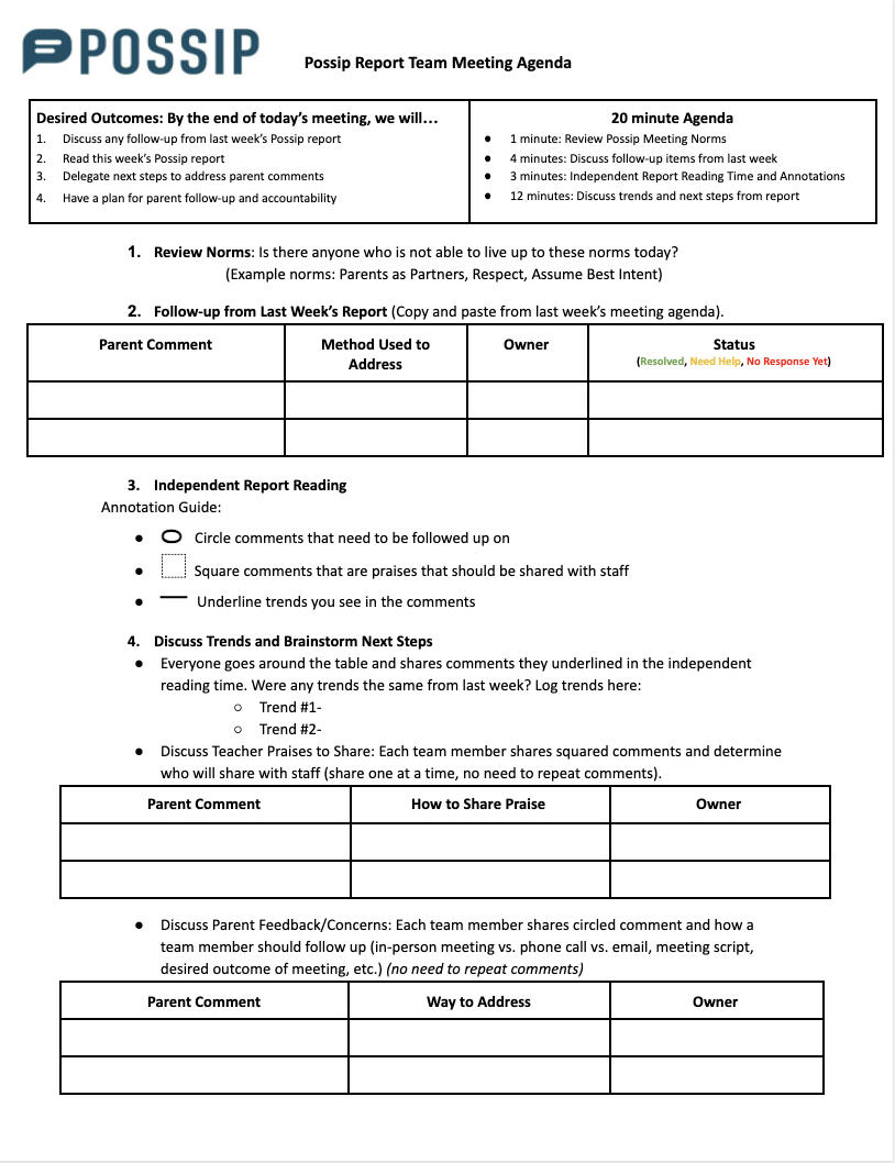 A screenshot of Possip's Report Reading Team 20 Minute Meeting Agenda. It includes a section on report reading norms, following up on previous report comments, reviewing the current report for follow up, praise to share with staff, and trends in the comments. It also includes a section on discussing trends as a team, teacher praise and who will share it and how, and parent comments to follow up on and who will take action and by when.